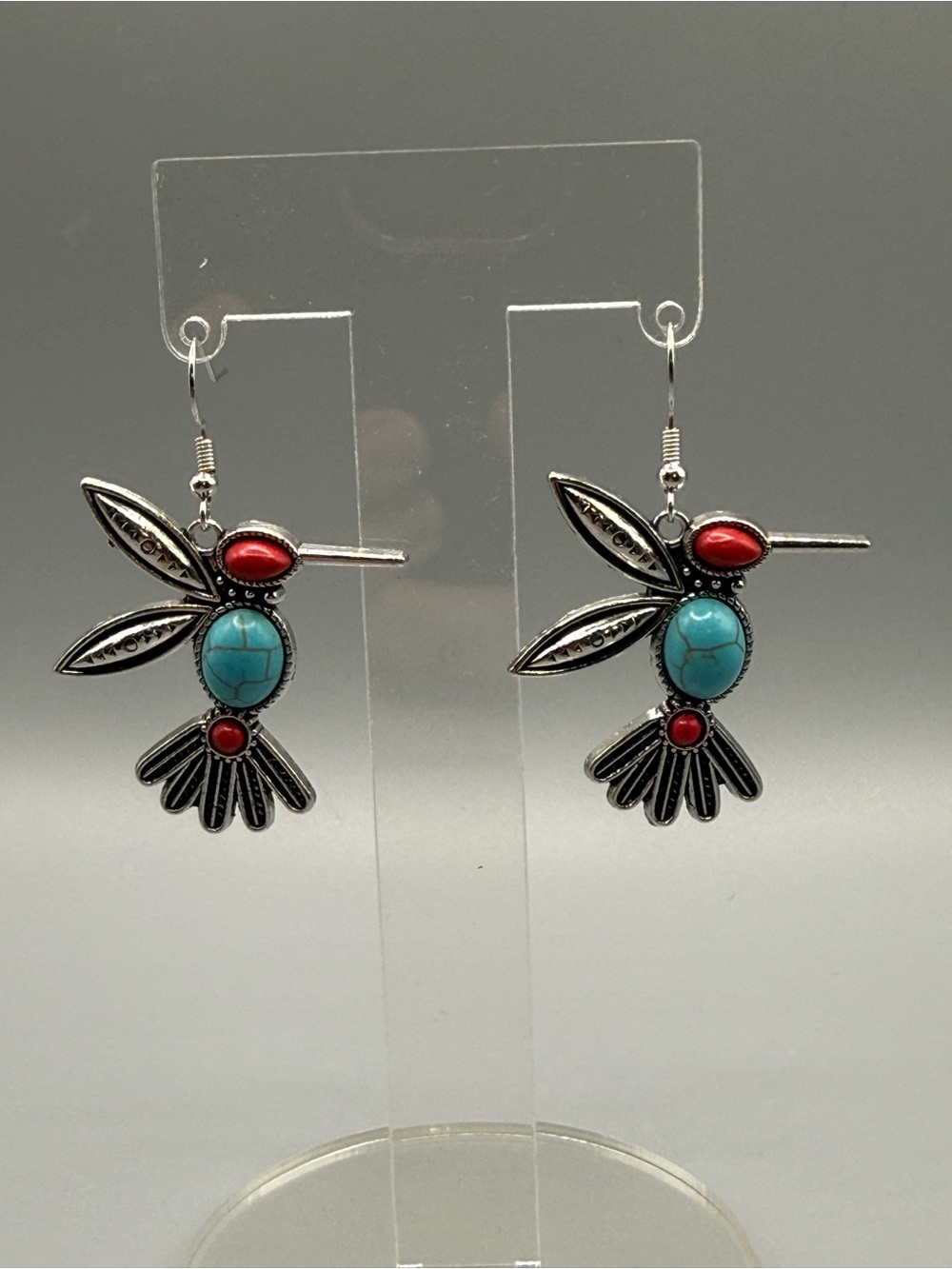 Turquoise & Red Hummingbird Dangle Earrings - Handmade #E0512C